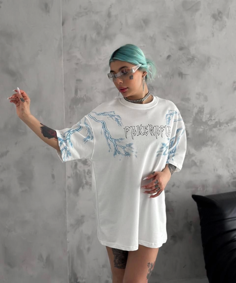 Unisex Bisiklet Yaka Baskılı Oversize T-Shirt - Beyaz