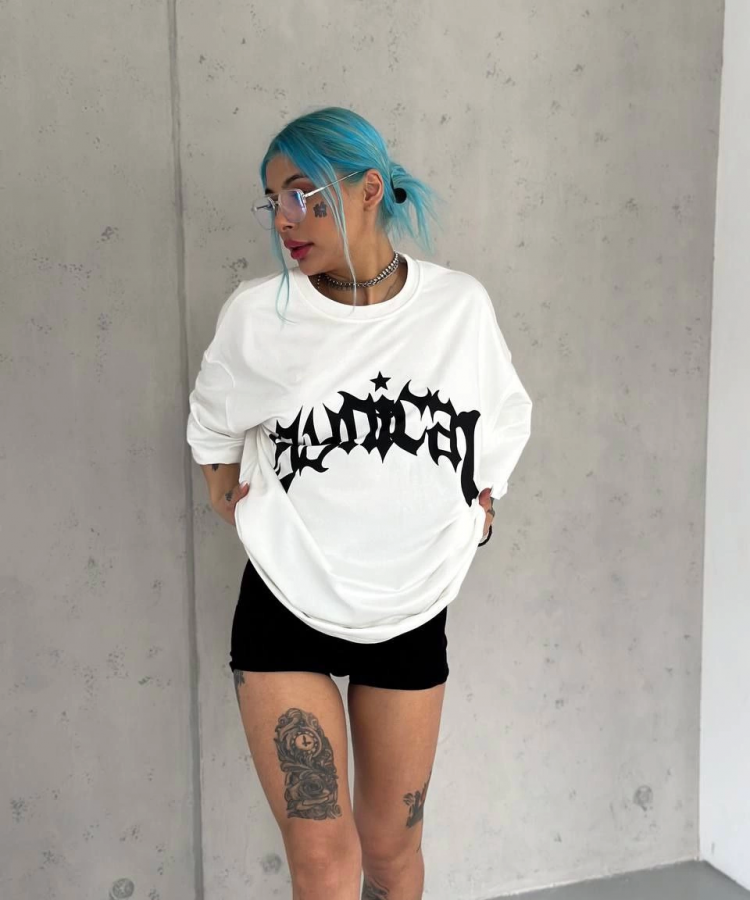 Unisex Bisiklet Yaka Baskılı Oversize T-Shirt - Beyaz