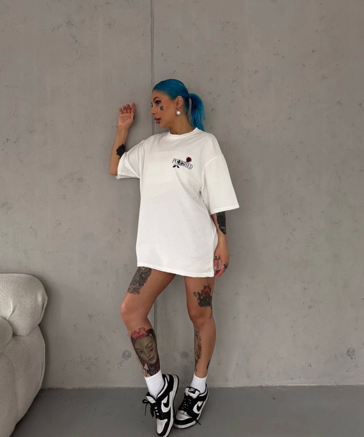 Unisex Bisiklet Yaka Baskılı Oversize T-Shirt - Beyaz