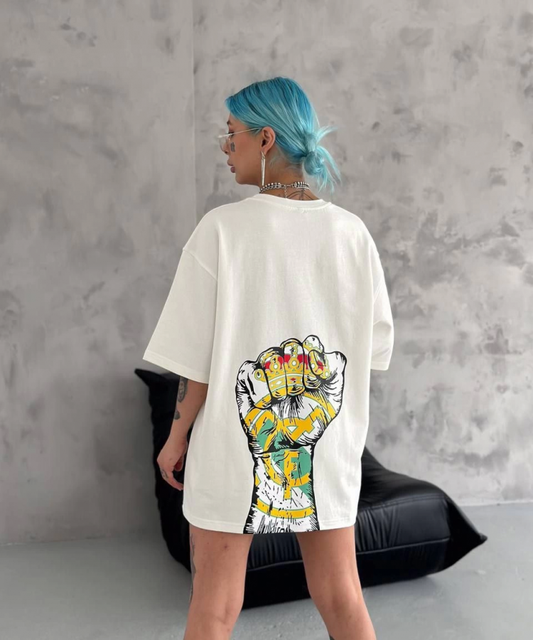 Unisex Bisiklet Yaka Baskılı Oversize T-Shirt - Beyaz