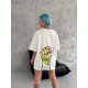 Unisex Bisiklet Yaka Baskılı Oversize T-Shirt - Beyaz