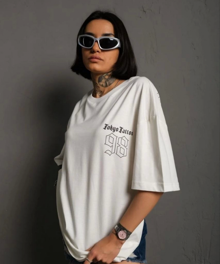 Unisex Bisiklet Yaka Baskılı Oversize T-Shirt - Beyaz