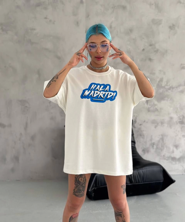 Unisex Bisiklet Yaka Baskılı Oversize T-Shirt - Beyaz