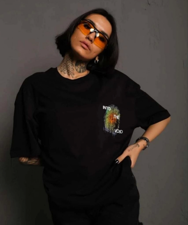 Unisex Bisiklet Yaka Baskılı Oversize T-Shirt - Siyah