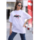 Unisex Bisiklet Yaka Baskılı Oversize T-Shirt - Beyaz