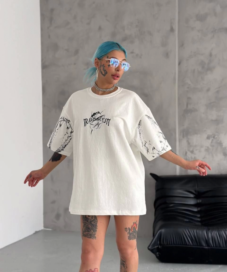 Unisex Bisiklet Yaka Baskılı Oversize T-Shirt - Beyaz