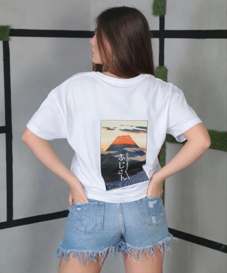 Unisex Bisiklet Yaka Baskılı Oversize T-Shirt- Beyaz