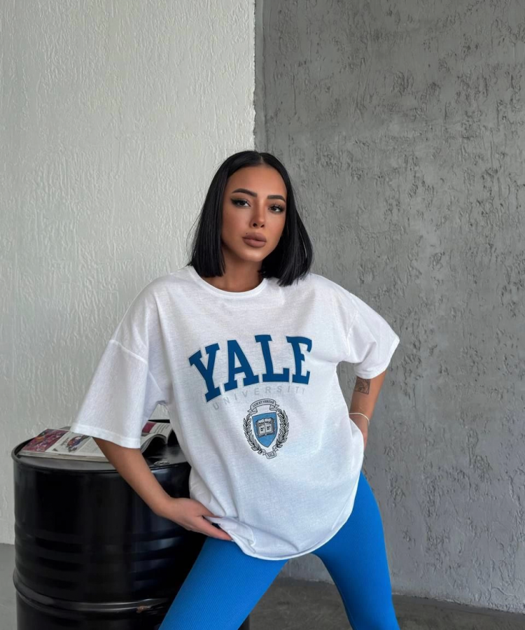 Unisex Bisiklet Yaka Baskılı Oversize T-Shirt - Beyaz