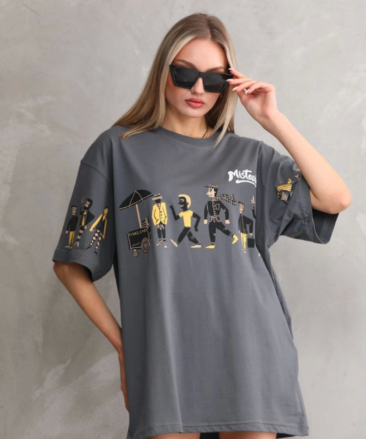 Unisex Bisiklet Yaka Baskılı Oversize T-Shirt - Gri