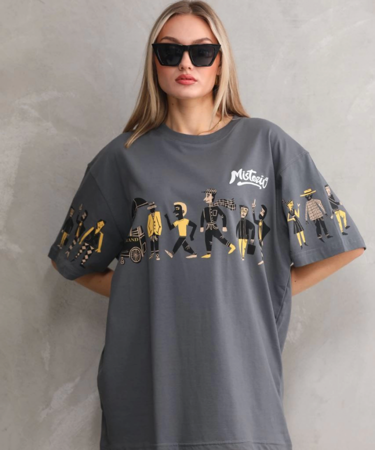 Unisex Bisiklet Yaka Baskılı Oversize T-Shirt - Gri