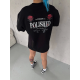 Unisex Bisiklet Yaka Baskılı Oversize T-Shirt - Siyah