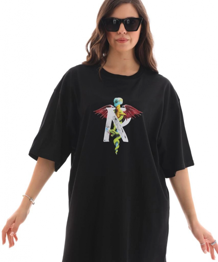 Unisex Bisiklet Yaka Baskılı Oversize T-Shirt - Siyah