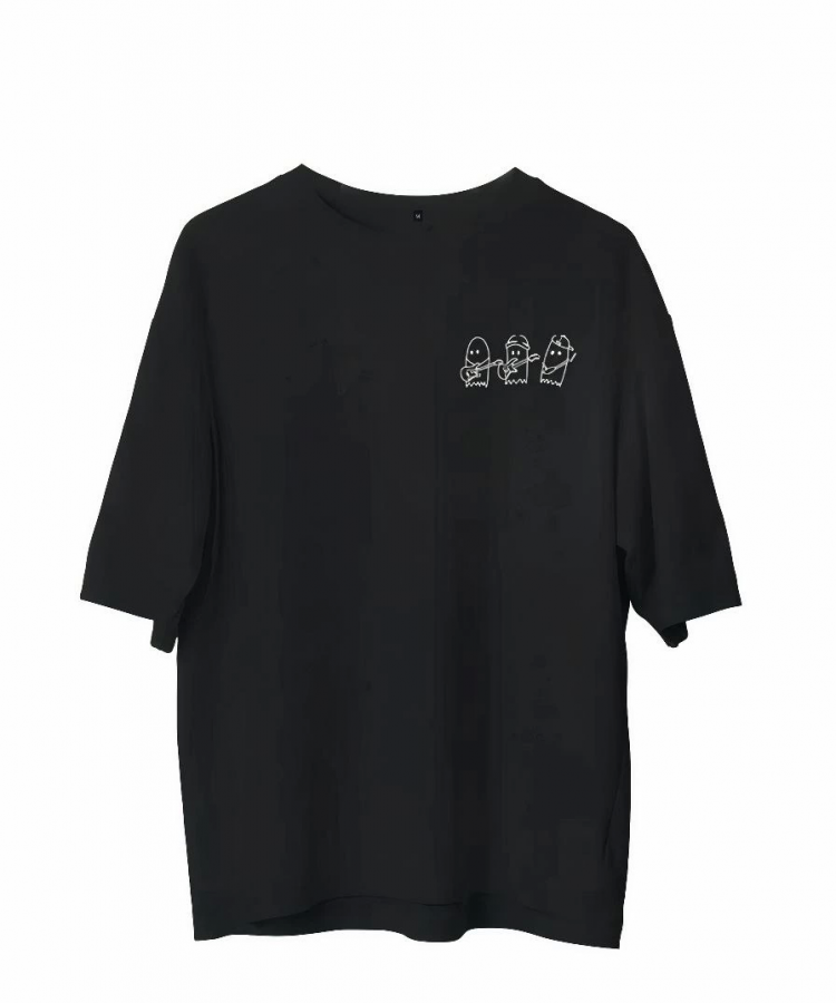 Unisex Bisiklet Yaka Baskılı Oversize T-Shirt - Siyah