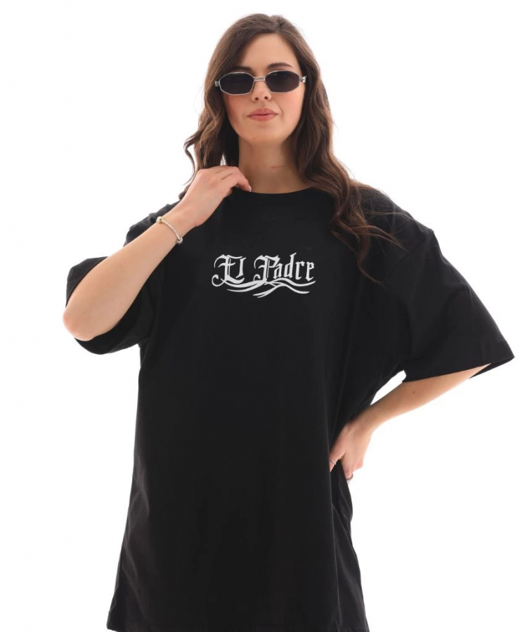 Unisex Bisiklet Yaka Baskılı Oversize T-Shirt - Siyah