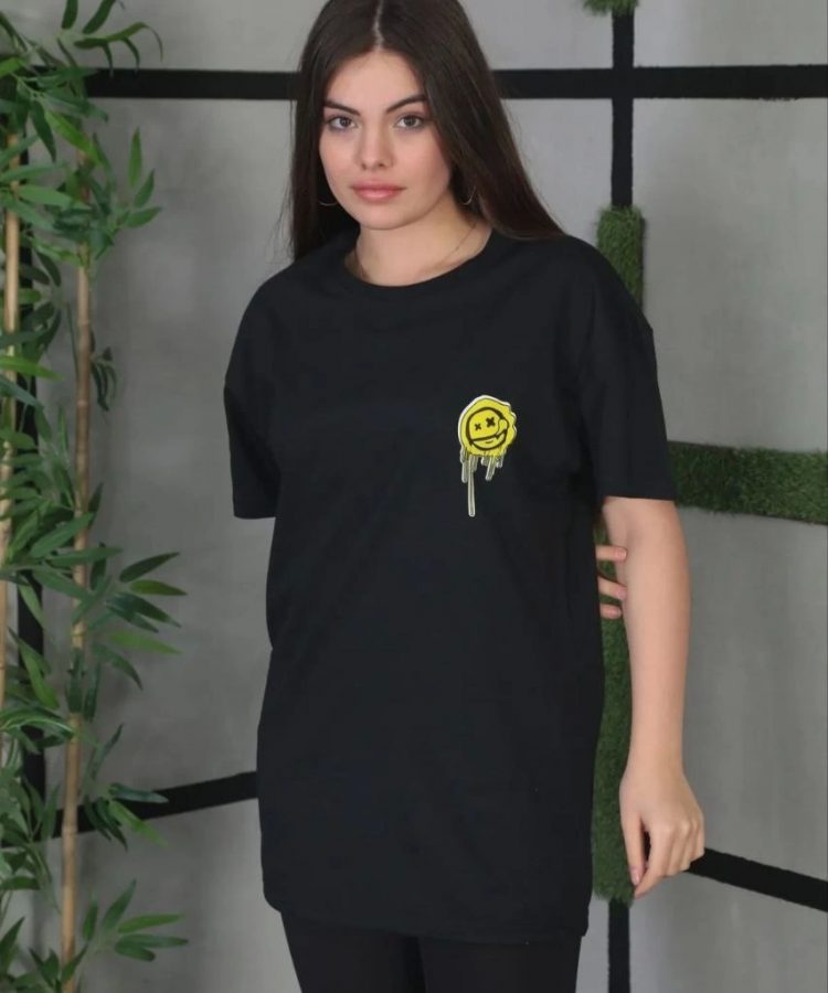 Unisex Bisiklet Yaka Baskılı Oversize T-Shirt - Siyah