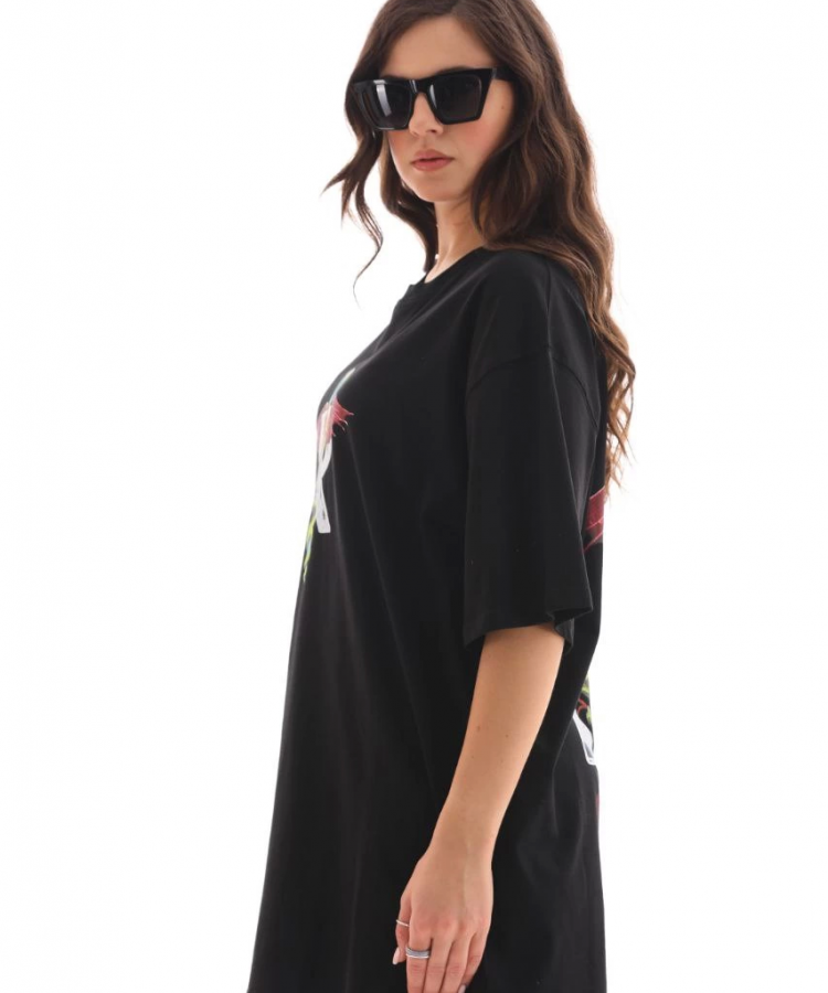 Unisex Bisiklet Yaka Baskılı Oversize T-Shirt - Siyah