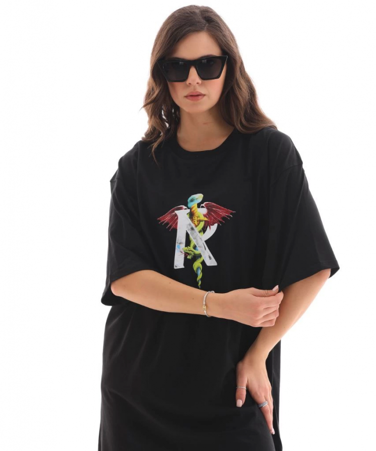 Unisex Bisiklet Yaka Baskılı Oversize T-Shirt - Siyah