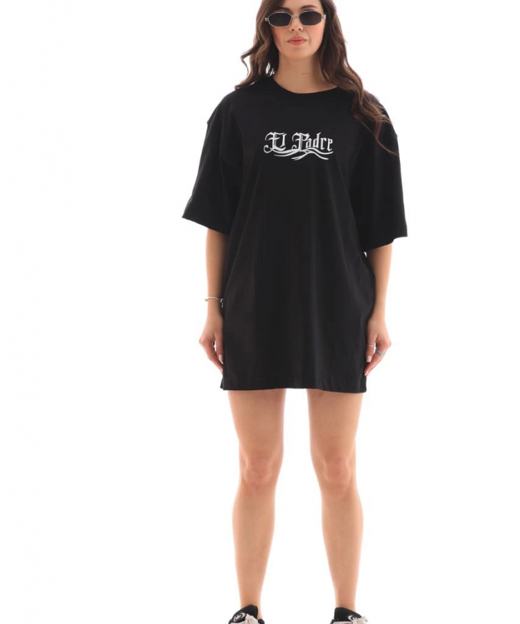 Unisex Bisiklet Yaka Baskılı Oversize T-Shirt - Siyah