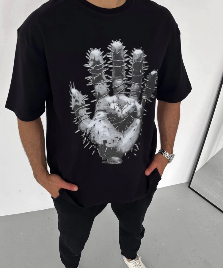 Unisex Bisiklet Yaka Baskılı Oversize T-Shirt - Siyah