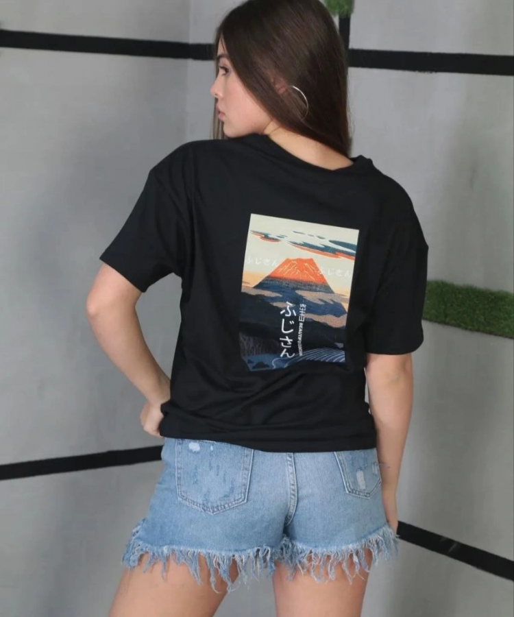 Unisex Bisiklet Yaka Baskılı Oversize T-Shirt - Siyah