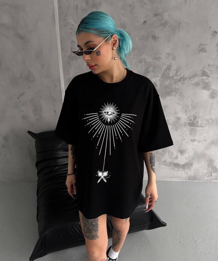 Unisex Bisiklet Yaka Baskılı Oversize T-Shirt - Siyah