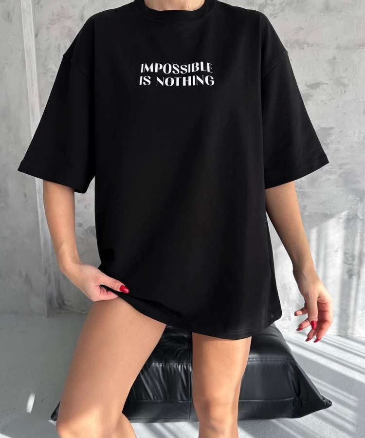 Unisex Bisiklet Yaka Baskılı Oversize T-Shirt - Siyah