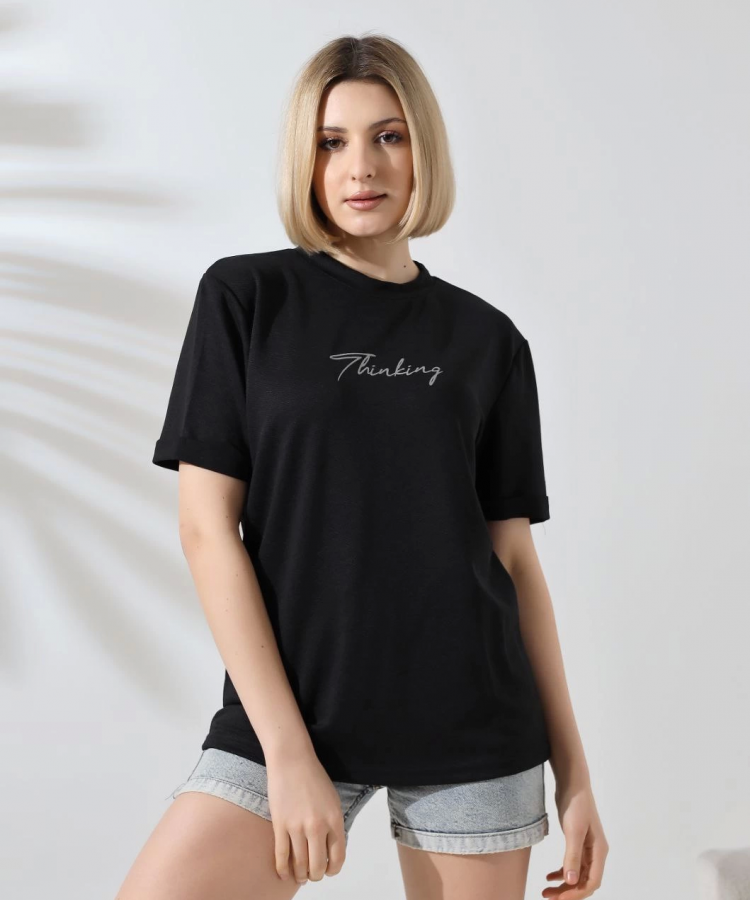 Unisex Bisiklet Yaka Baskılı Slim Fit T-Shirt - Siyah