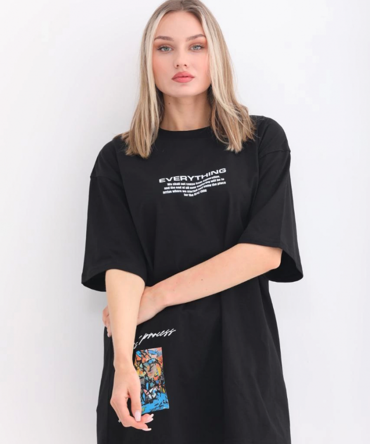 Unisex Bisiklet Yaka Baskılı Oversize T-Shirt - Siyah