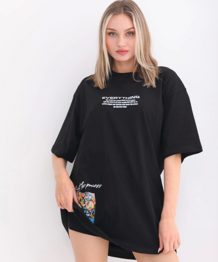 Unisex Bisiklet Yaka Baskılı Oversize T-Shirt - Siyah