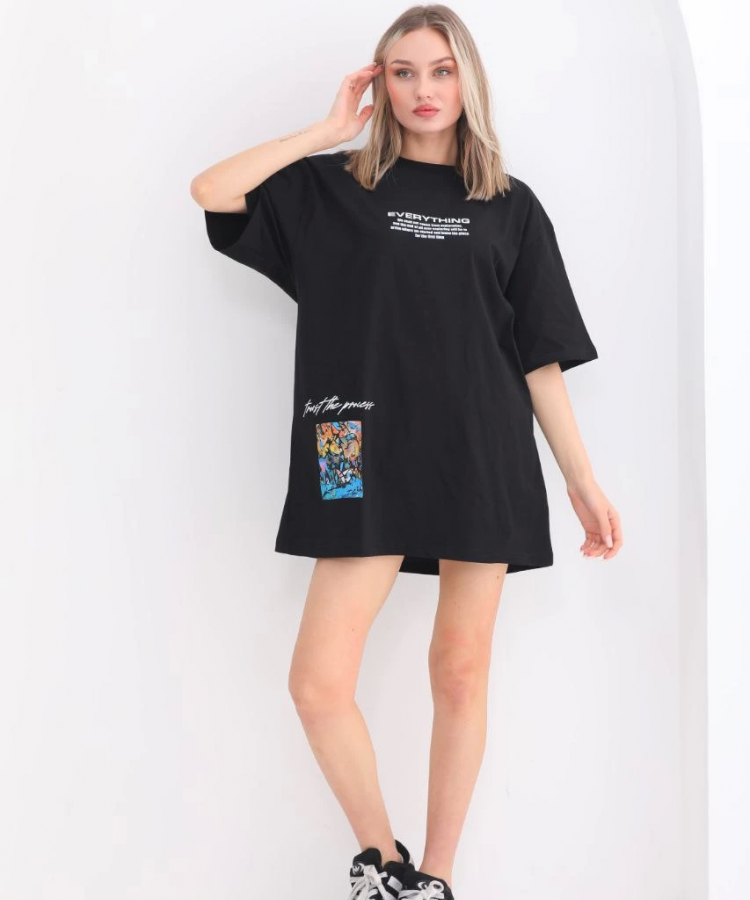 Unisex Bisiklet Yaka Baskılı Oversize T-Shirt - Siyah