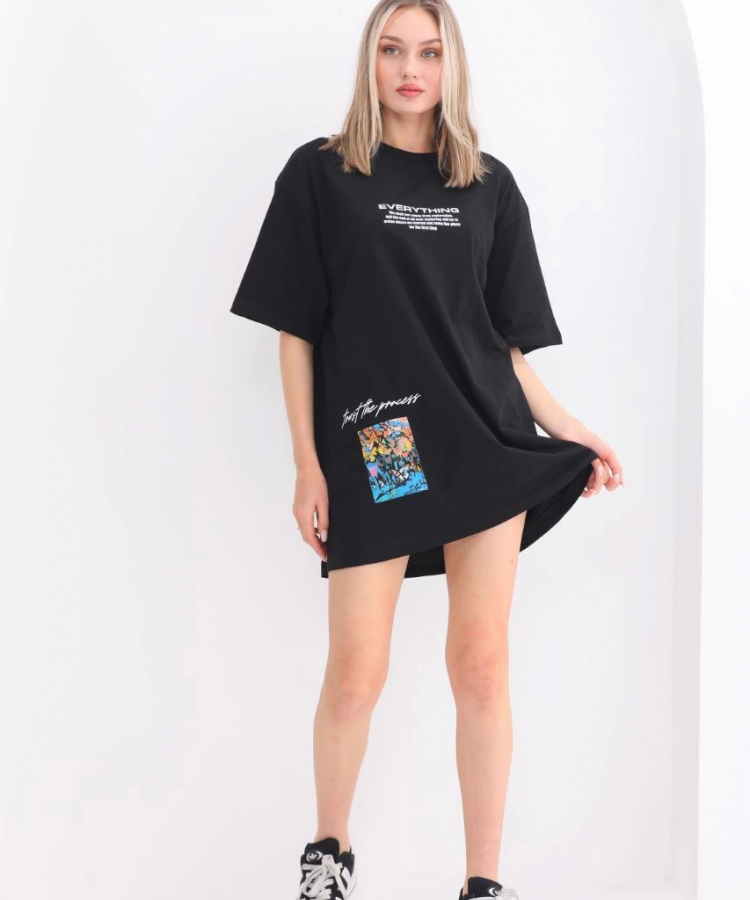 Unisex Bisiklet Yaka Baskılı Oversize T-Shirt - Siyah