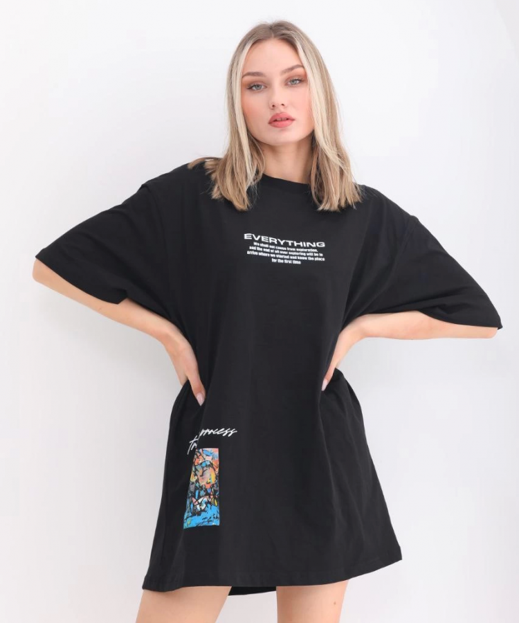 Unisex Bisiklet Yaka Baskılı Oversize T-Shirt - Siyah