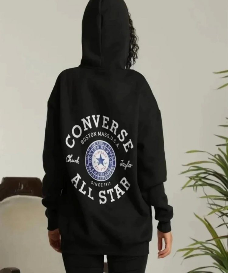 Unisex Kapüşonlu Üç İplik Oversize Baskılı Sweatshirt - Siyah