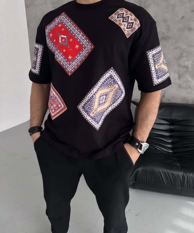 Unisex Kilim Desen Baskılı T-Shirt - Siyah