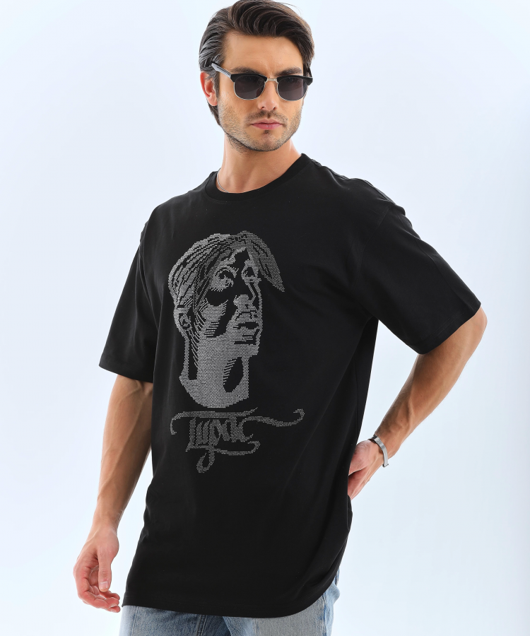 Unisex Oversize Taşlı Bisiklet Yaka T-Shirt - Siyah