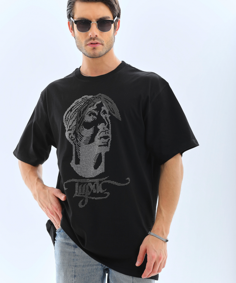 Unisex Oversize Taşlı Bisiklet Yaka T-Shirt - Siyah