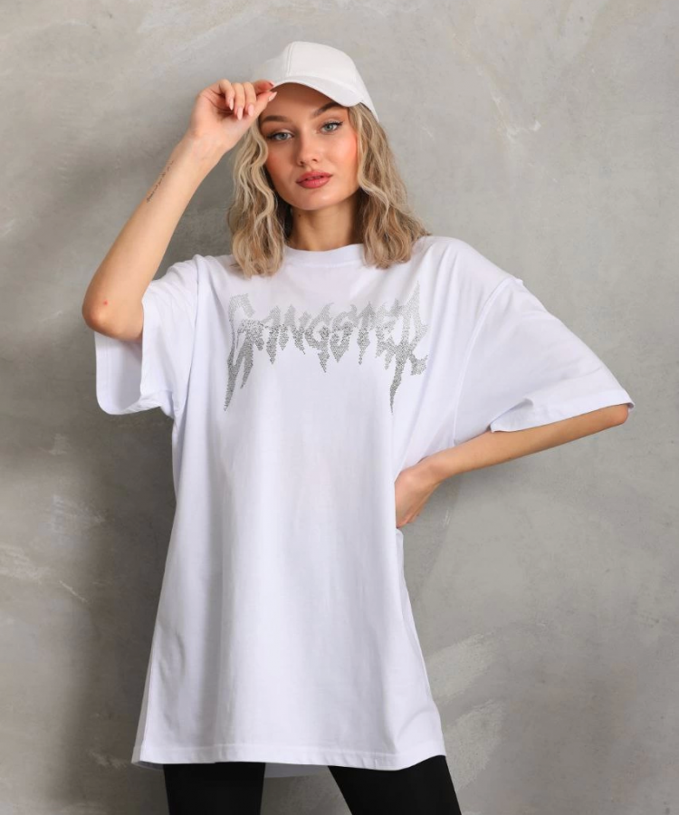 Unisex Taş Desenli Oversize T-Shirt - Beyaz