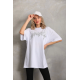 Unisex Taş Desenli Oversize T-Shirt - Beyaz