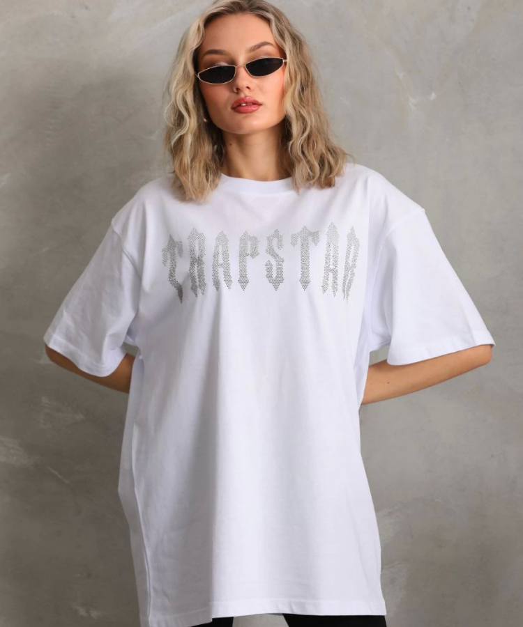 Unisex Taş Desenli Oversize T-Shirt - Beyaz