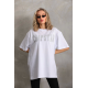 Unisex Taş Desenli Oversize T-Shirt - Beyaz