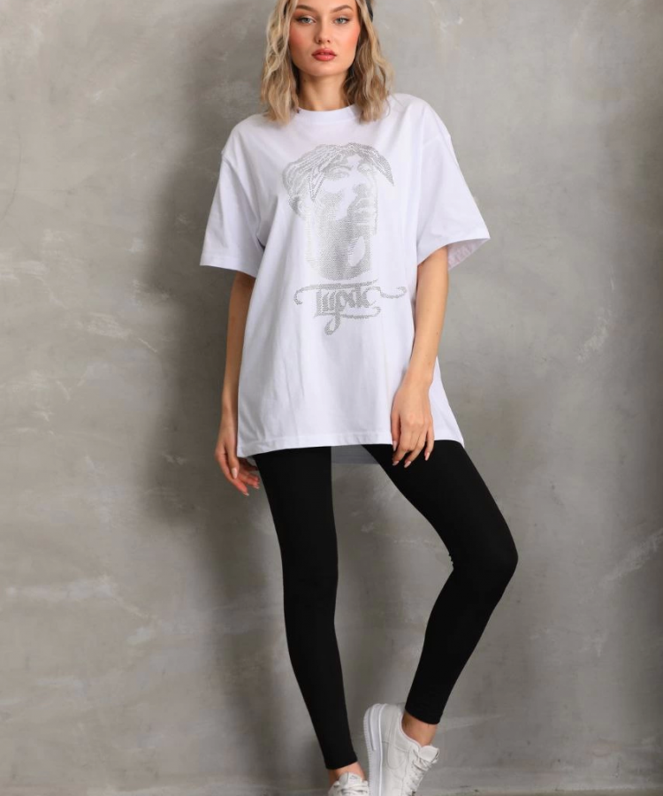 Unisex Taş Desenli Oversize T-Shirt - Beyaz