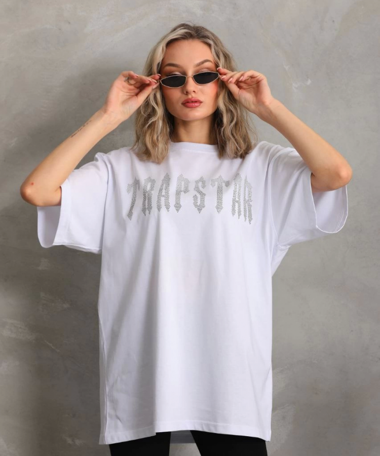 Unisex Taş Desenli Oversize T-Shirt - Beyaz