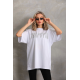 Unisex Taş Desenli Oversize T-Shirt - Beyaz