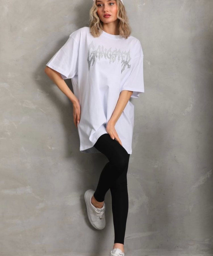 Unisex Taş Desenli Oversize T-Shirt - Beyaz