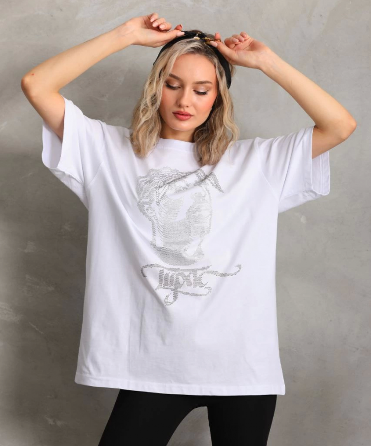 Unisex Taş Desenli Oversize T-Shirt - Beyaz