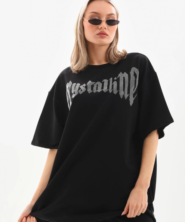 Unisex Taş Desenli Oversize T-Shirt - Beyaz