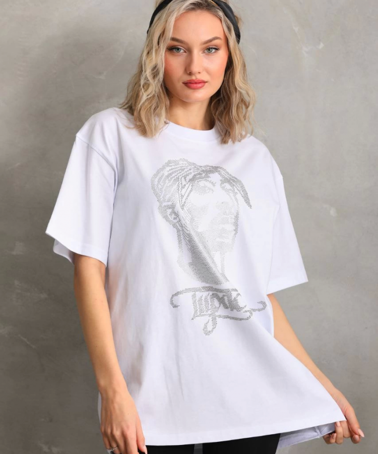 Unisex Taş Desenli Oversize T-Shirt - Beyaz