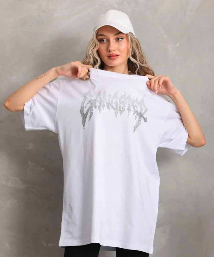 Unisex Taş Desenli Oversize T-Shirt - Beyaz