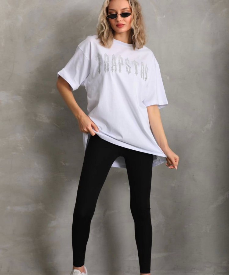 Unisex Taş Desenli Oversize T-Shirt - Beyaz