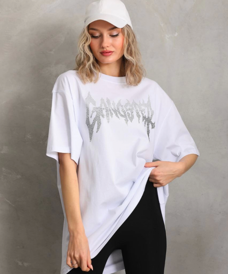 Unisex Taş Desenli Oversize T-Shirt - Beyaz